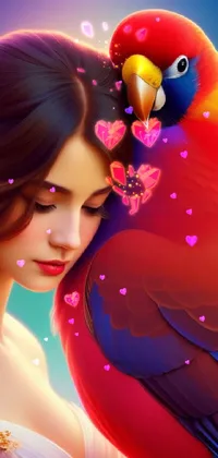This live wallpaper features an elegant digital painting of a woman with a parrot on her shoulder
