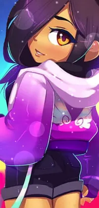 This phone live wallpaper portrays a cute furry character wearing a stylish purple jacket and black shorts, set against a vivid background