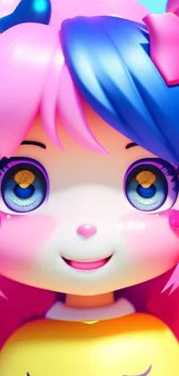 This phone live wallpaper showcases a digital art design featuring a cute 3D anime girl doll with pink hair