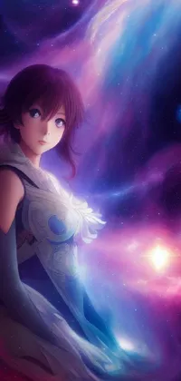 This live wallpaper depicts a woman sitting in a star-filled space, with galaxy themes and celestial elements
