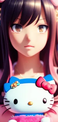 This 3D rendered phone live wallpaper showcases a person holding a Hello Kitty doll in an epic anime style