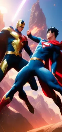 This live phone wallpaper features two powerful superheroes standing together in a battle pose