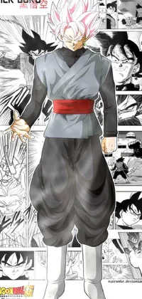 This phone live wallpaper showcases a black Goku character, standing in front of a colorful comic strip, wearing a stylish JK uniform