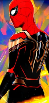 Looking for a captivating phone wallpaper for your iPhone 15? Look no further than this stunning digital art piece! The digital artwork showcases a person dressed in the iconic Spider-Man suit, featuring shining gold, black and red color schemes