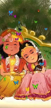 This live wallpaper for your phone showcases two children sitting on a swing in traditional costumes, against an enchanting storybook illustration