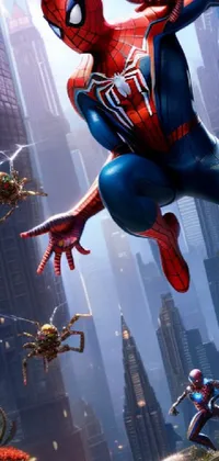 This phone live wallpaper features a Spider-Man soaring through the sky in a spider-verse over a bustling city