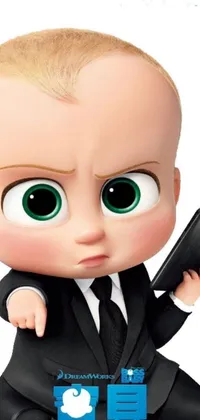 This cute live wallpaper features a cartoon baby character wearing a suit and holding a cell phone
