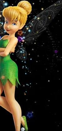 This live wallpaper features a tinkering fairy in a dark green dress, available for download and designed by Disney, Pixabay, Hurufiyya, and 1 0 2 4