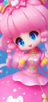 This phone live wallpaper features a charming doll perched on top of a captivating pink ball