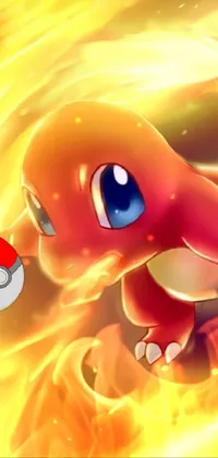 This phone live wallpaper is a digital art masterpiece featuring a fierce Pokemon casting a fiery red fireball on a vibrant yellow background
