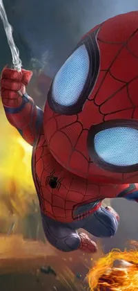 This live wallpaper features Spider-Man flying through the air with a sword in hand in a stunning and adorable digital painting