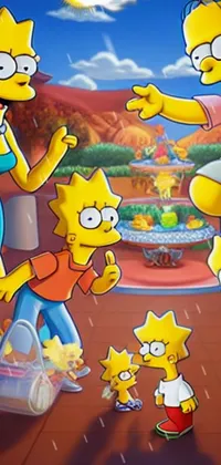Looking for a lively and fun phone live wallpaper? Look no further than The Simpsons! This next-gen rendered image features a group of popular Simpson characters standing together in a sunny and cheerful atmosphere