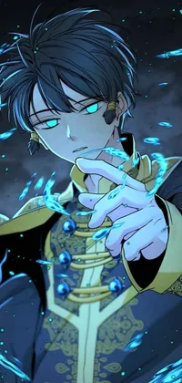 This phone live wallpaper features a close-up of an elf male holding a glowing object, dressed in elegant dark blue and black robes adorned with gold brocade