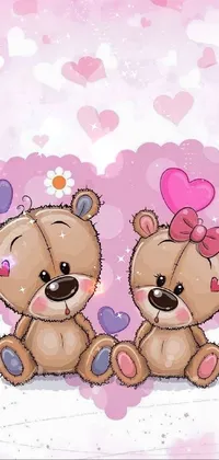 This charming live wallpaper is perfect for bringing warmth and positivity to your phone screen! It shows two cuddly teddy bears resting comfortably next to each other in a whimsical, cartoonish style