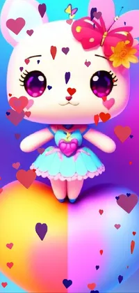 This phone live wallpaper features a cute bunny sitting on a heart with a magical and colorful world in the background