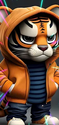 This phone live wallpaper features a cute tiger cartoon wearing a hoodie