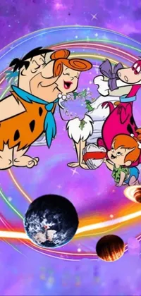 This dynamic phone live wallpaper showcases a magical and imaginative world in space, featuring a group of cartoon characters surrounded by colorful planets and stars