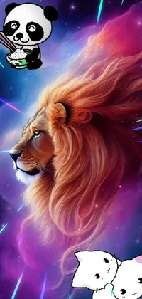 This live wallpaper features an airbrushed painting of a panda bear and a lion with a furry art style, against a galaxy backdrop