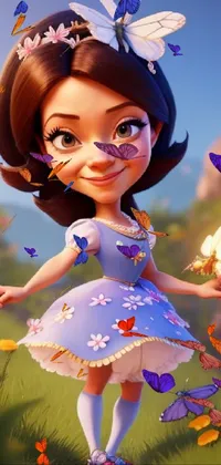 This animated live phone backdrop features a female character donning a purple dress and standing amid a flourishing field of blossoms