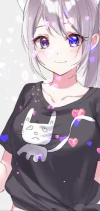 This live phone wallpaper features an anime-style, pixiv-inspired design of a person wearing a colorful cat shirt