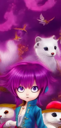 This phone live wallpaper features a captivating anime drawing of a girl with purple hair standing next to two white cats