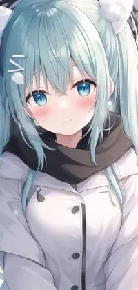 This phone live wallpaper features a stunning anime girl with captivating blue hair sitting in the snow