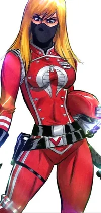This live wallpaper features a female character clad in a red suit with a gun, sporting full metal armor