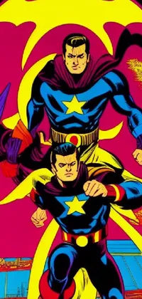 This live wallpaper features two superheros wearing star-filled mage robes, captured in a pop art style reminiscent of Jim Steranko