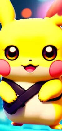 This phone live wallpaper features a cartoon Pikachu in a hero pose, with bright electric effects emanating from its tail
