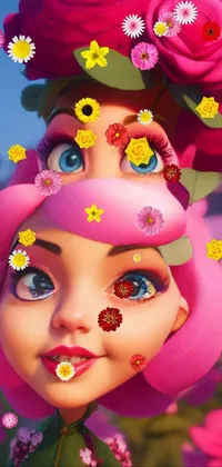 This phone wallpaper showcases a detailed 3D animated doll wearing a floral crown on her head
