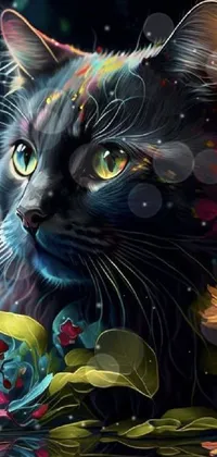 This live phone wallpaper showcases a vividly painted cat enveloped by a garden of blooming flowers
