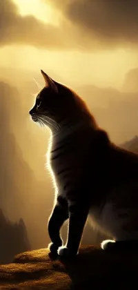 This phone live wallpaper depicts a beautiful digital painting of a sitting cat on a rock under a cloudy sky