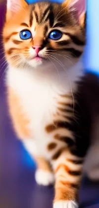 This phone live wallpaper features a stunning digital painting of a blue-eyed kitten sitting on a table