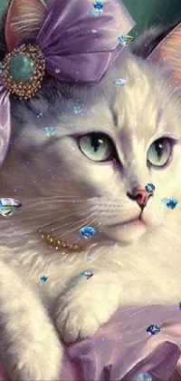 This phone live wallpaper features a stunning painting of a beautiful white cat wearing a purple bow with intricate detailing