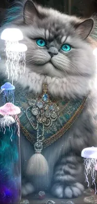 Looking for a stunning phone wallpaper that will transport you to a dreamlike world? Look no further than this airbrushed painting featuring a regal cat with piercing blue eyes seated in front of a group of ethereal jellyfishes