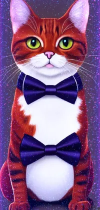 This phone live wallpaper features a colorful vector art of a fancy cat donning a bow tie, vest, and tie