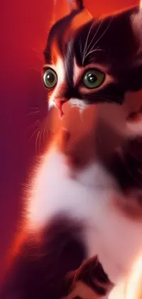 This phone live wallpaper showcases a delightful black and white cat with green eyes, presented via a digital painting employing furry art style