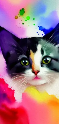 Get mesmerized by this phone live wallpaper featuring a watercolor painting of a black and white cat in rainbow gouache style