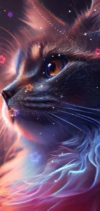 This live phone wallpaper features a digital art close-up of a majestic long-haired cat with captivating glowing lights to create a fiery atmosphere