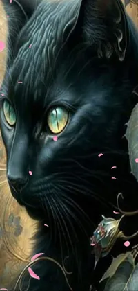 This stunning phone live wallpaper features a realistic painting of a black cat with green eyes