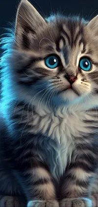 This phone live wallpaper showcases a digitally-rendered close-up of a fluffy kitten, featuring stunning blue eyes that pop against the blue background
