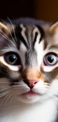 This phone live wallpaper showcases a stunning digital rendering of an adorable and surprised, blue-eyed cat with distinctive markings on its face