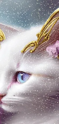This live phone wallpaper features a captivating digital painting of a white cat with striking blue eyes