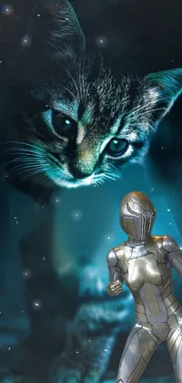 This live wallpaper depicts a digital artwork of a cat sitting in the dark, with a stunning blue shiny lighting effect