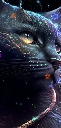 This phone live wallpaper features a stunning digital art design of a cat with glowing eyes against a dark cosmic backdrop