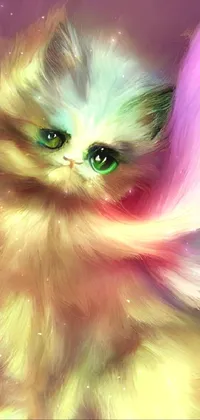 This live wallpaper showcases a digital painting of a delightful and playful kitten whose tail displays a vibrant array of colors, reminiscent of cotton candy