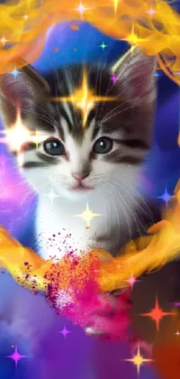 This mobile wallpaper is featuring an airbrush painted kitten with a ring of fire in its mouth