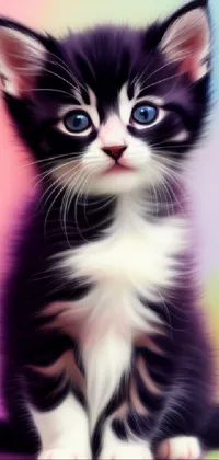This live wallpaper features a photo-realistic image of a black and white kitten sitting on a colorful surface