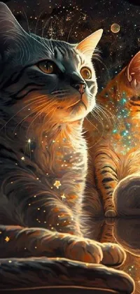This live wallpaper features two cats sitting next to each other, surrounded by stunning space art elements and intricate holographic creatures