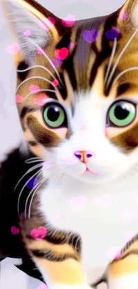 This striking phone live wallpaper features a realistic digital painting of a cat with vibrant green eyes